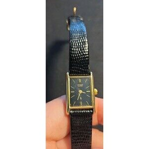 Citizens Quartz ladies rectangle black face goldtone black Leather 13mm Watch